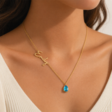 18K Gold Personalized Name Necklace with Teardrop Stone Pendant