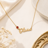 18K Gold Personalized Name Necklace with Round Gemstone