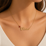 18K Gold Personalized Name Necklace with Round Gemstone