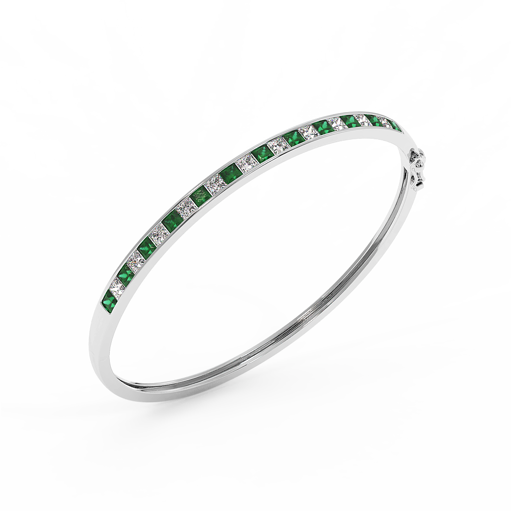 18K Gold Emerald Diamond Channel Bangle