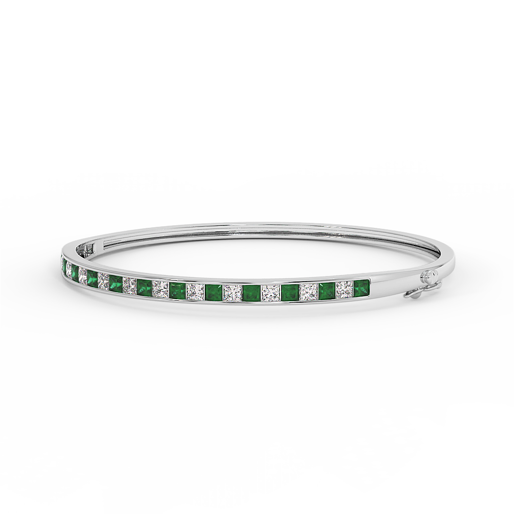 18K Gold Emerald Diamond Channel Bangle