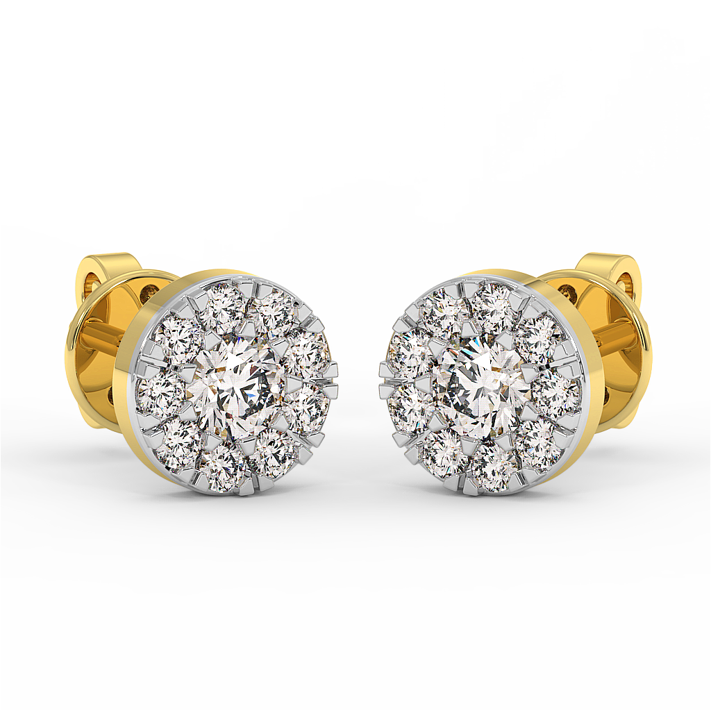 18K Gold Round Cluster Halo Diamond Stud Earrings