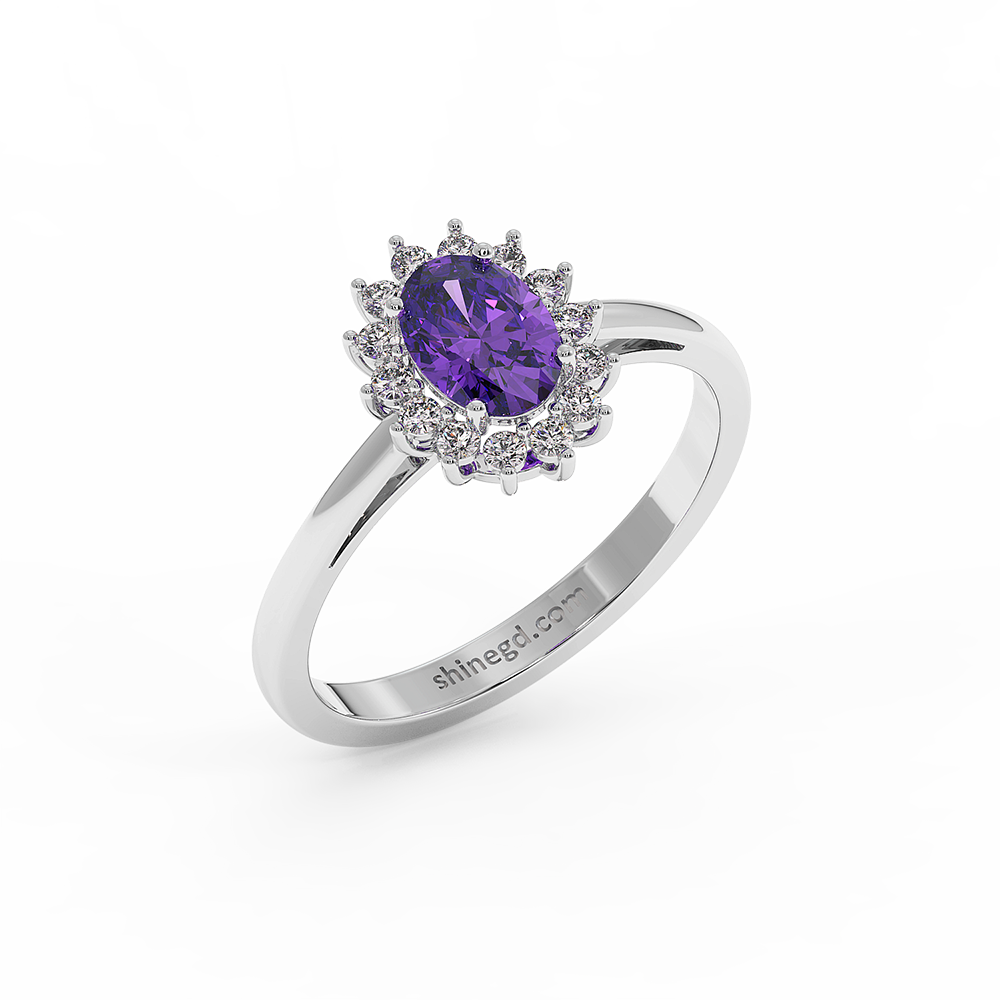 18K Gold Oval Amethyst Halo Diamond Ring