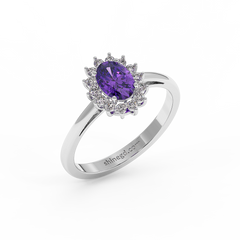 18K Gold Oval Amethyst Halo Diamond Ring