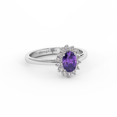 18K Gold Oval Amethyst Halo Diamond Ring
