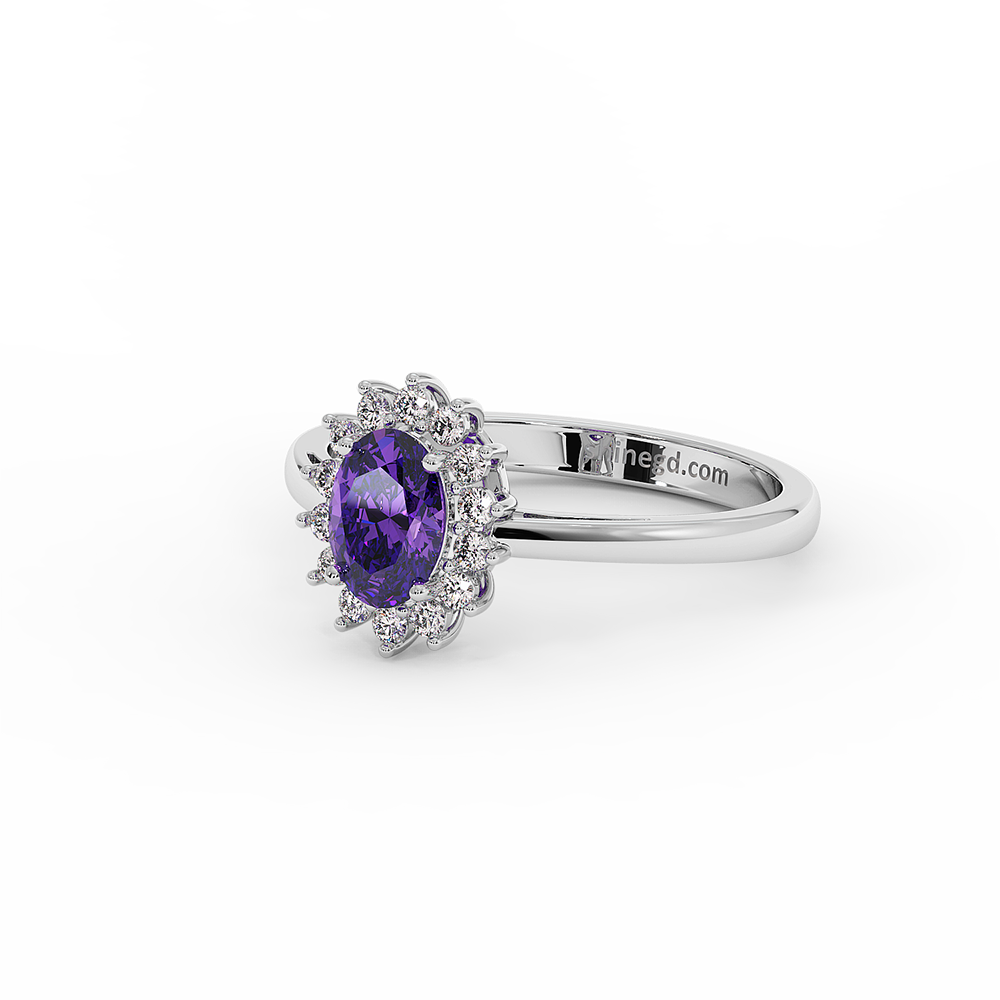 18K Gold Oval Amethyst Halo Diamond Ring