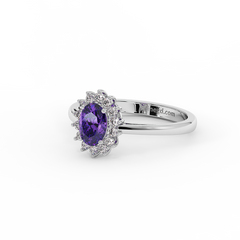 18K Gold Oval Amethyst Halo Diamond Ring