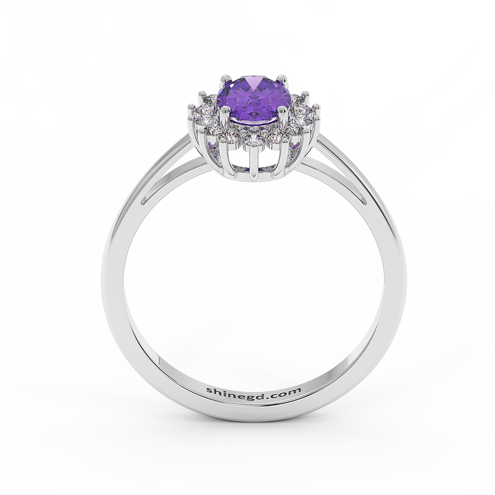 18K Gold Oval Amethyst Halo Diamond Ring