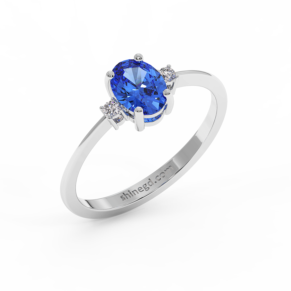 18K Gold Oval Blue Sapphire Diamond Solitaire Ring