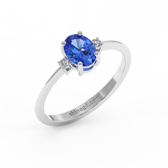 18K Gold Oval Blue Sapphire Diamond Solitaire Ring