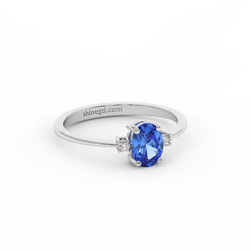 18K Gold Oval Blue Sapphire Diamond Solitaire Ring