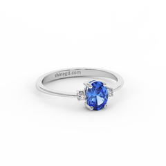 18K Gold Oval Blue Sapphire Diamond Solitaire Ring