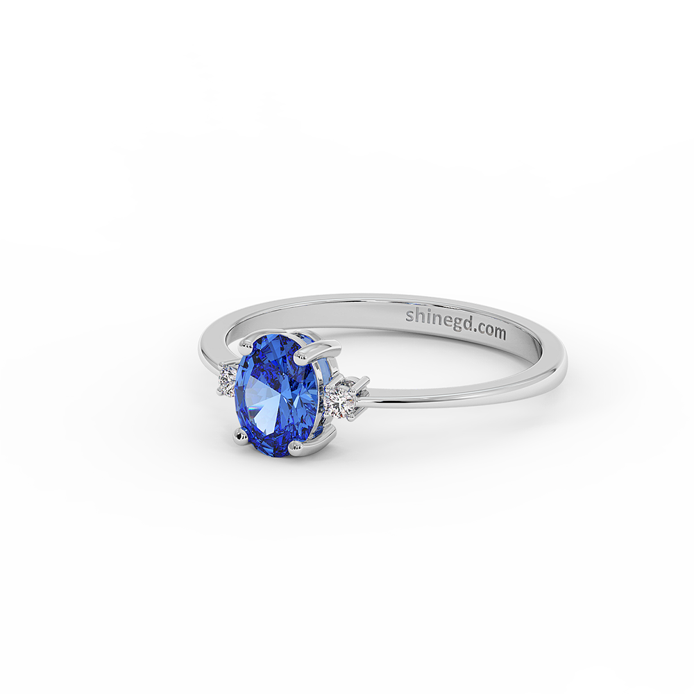 18K Gold Oval Blue Sapphire Diamond Solitaire Ring