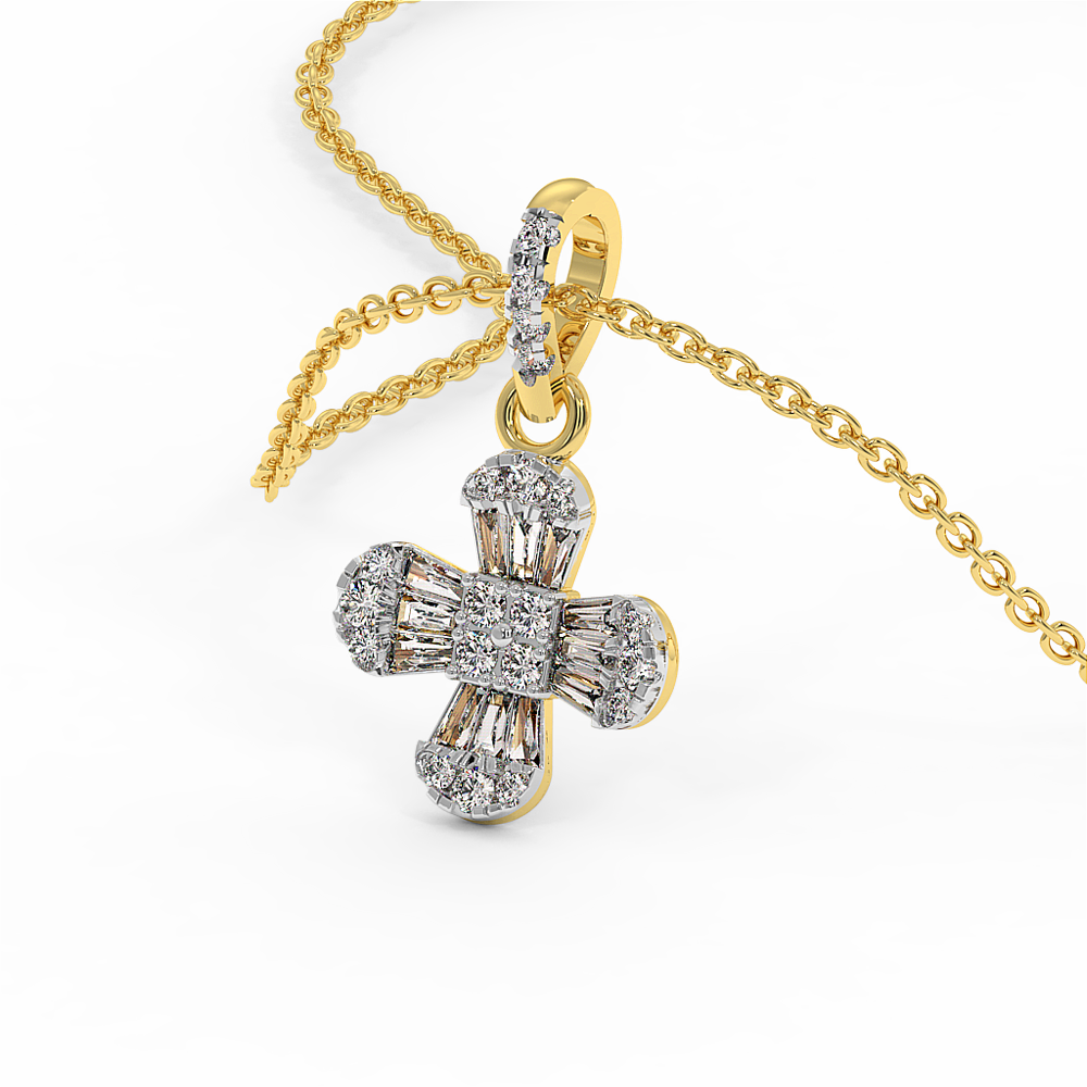 18K Gold Diamond Pendant with Round and Baguette Diamonds