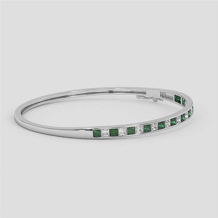 18K Gold Emerald Diamond Channel Bangle
