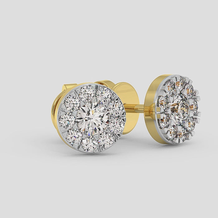 18K Gold Round Cluster Halo Diamond Stud Earrings