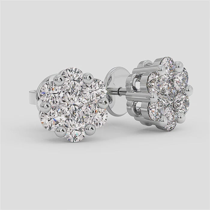 18K Gold Floral Cluster Diamond Stud Earrings