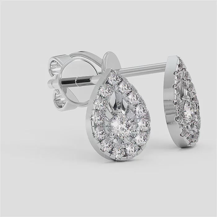 18K Gold Pear Halo Diamond Stud Earrings