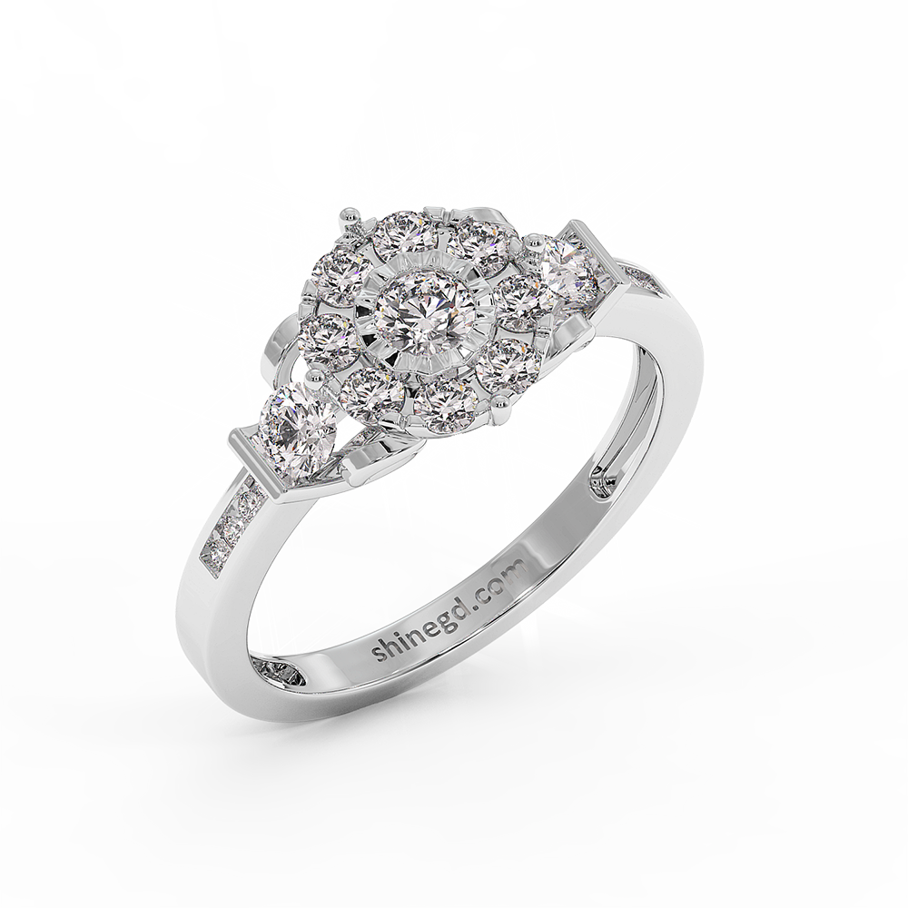 Floral Halo Diamond Ring with Side Accents in 18K Gold