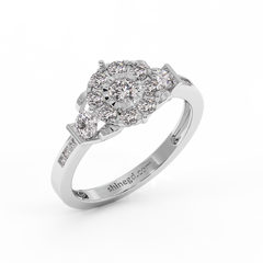 Floral Halo Diamond Ring with Side Accents in 18K Gold