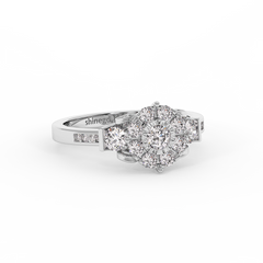 Floral Halo Diamond Ring with Side Accents in 18K Gold
