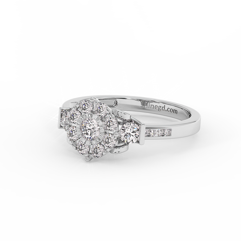 Floral Halo Diamond Ring with Side Accents in 18K Gold