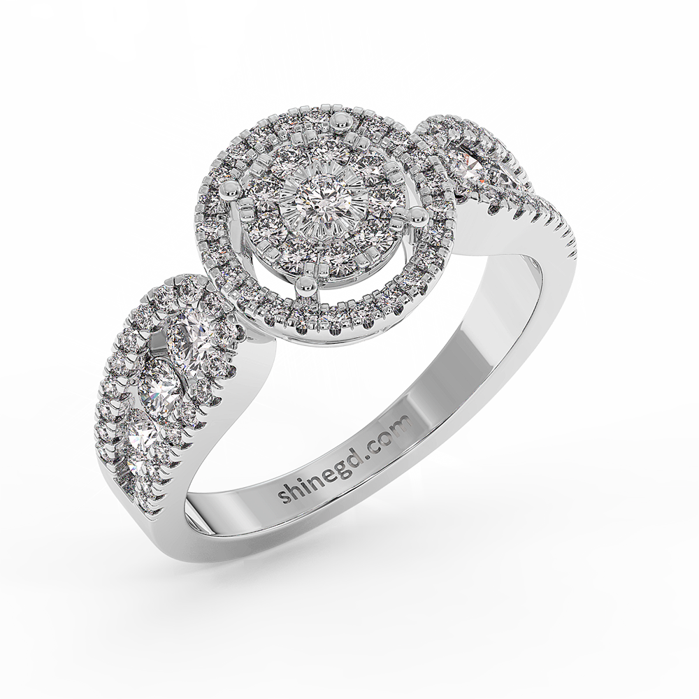 18K Gold Double Halo Diamond Ring with Oval Side Accents