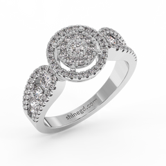 18K Gold Double Halo Diamond Ring with Oval Side Accents