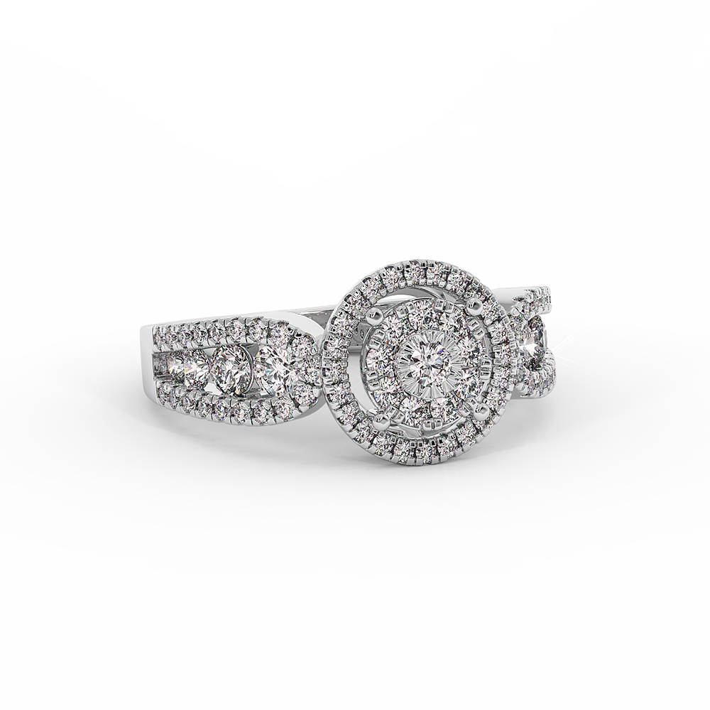 18K Gold Double Halo Diamond Ring with Oval Side Accents