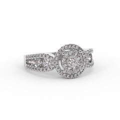 18K Gold Double Halo Diamond Ring with Oval Side Accents