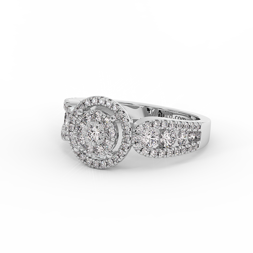 18K Gold Double Halo Diamond Ring with Oval Side Accents