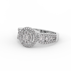 18K Gold Double Halo Diamond Ring with Oval Side Accents