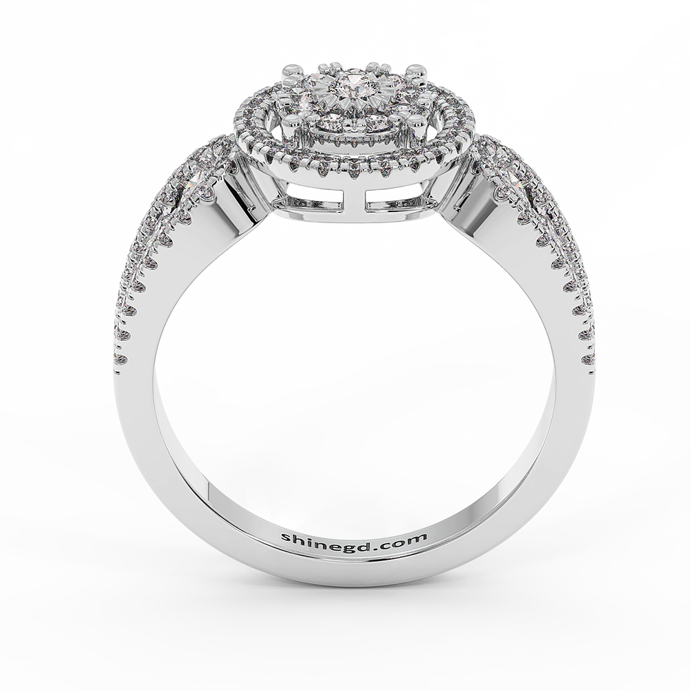 18K Gold Double Halo Diamond Ring with Oval Side Accents