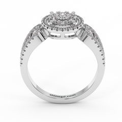 18K Gold Double Halo Diamond Ring with Oval Side Accents