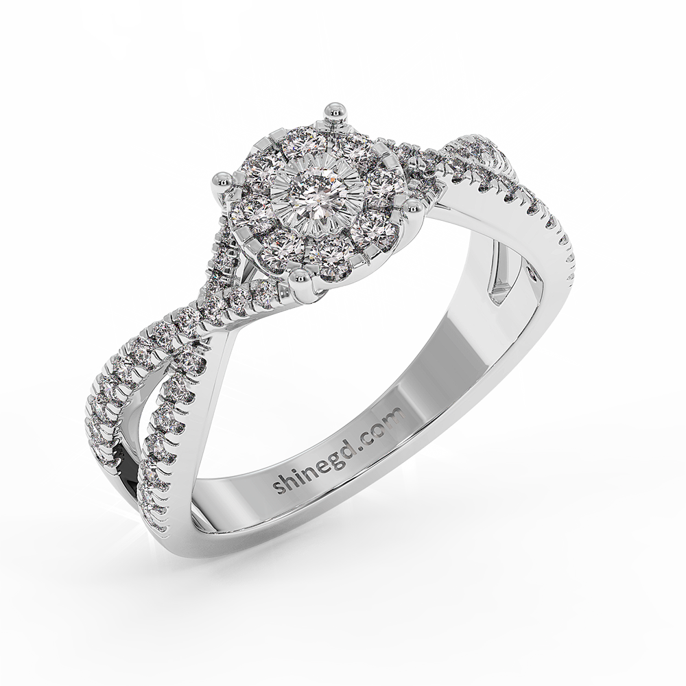 18K Gold Round Halo Diamond Ring with Split Band