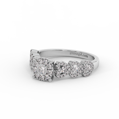 18K Gold Halo Diamond Ring with Cluster Side Accents