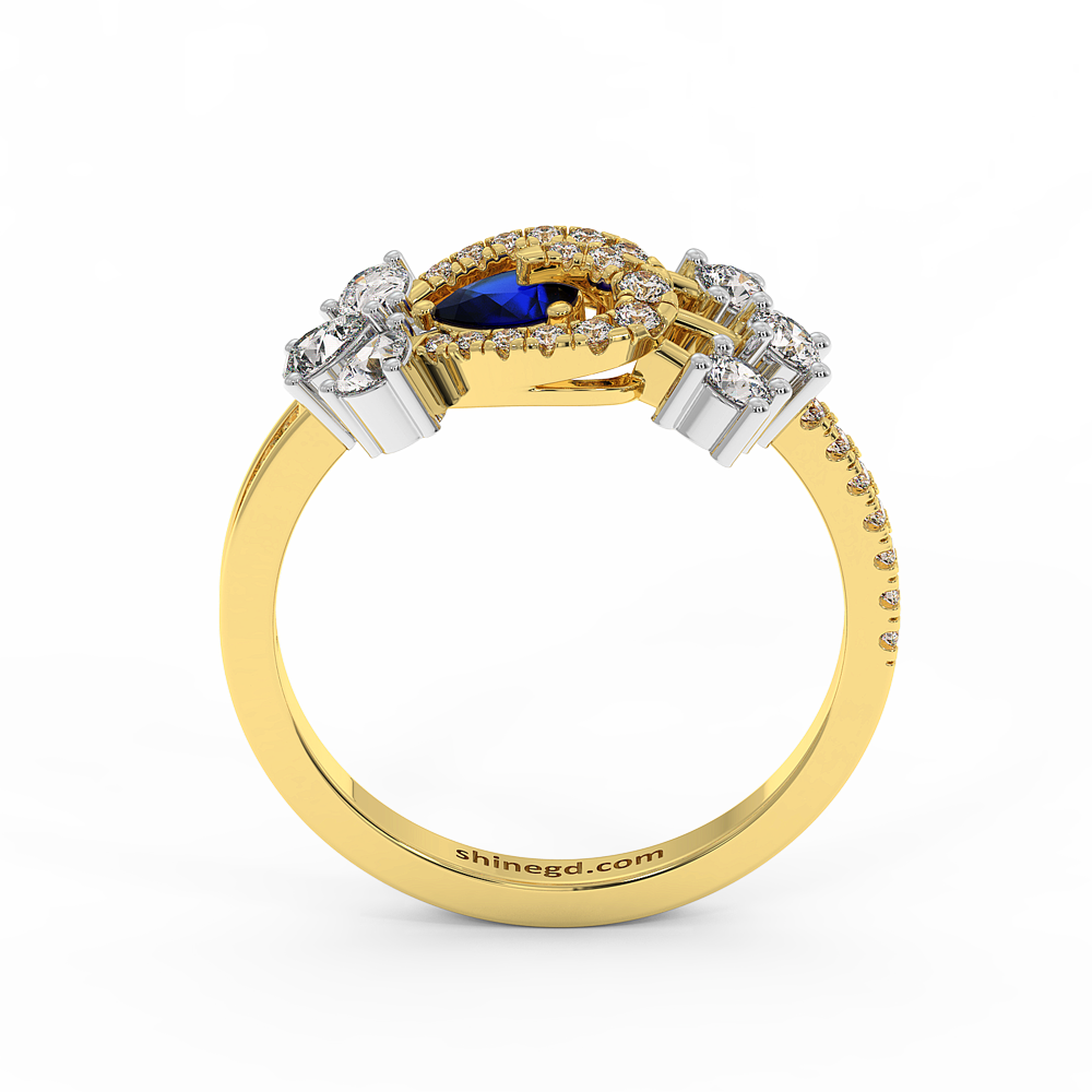 Pear Blue Sapphire Diamond Halo Ring in 18K Gold