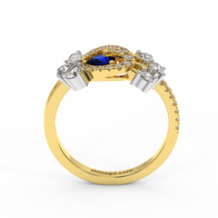 Pear Blue Sapphire Diamond Halo Ring in 18K Gold